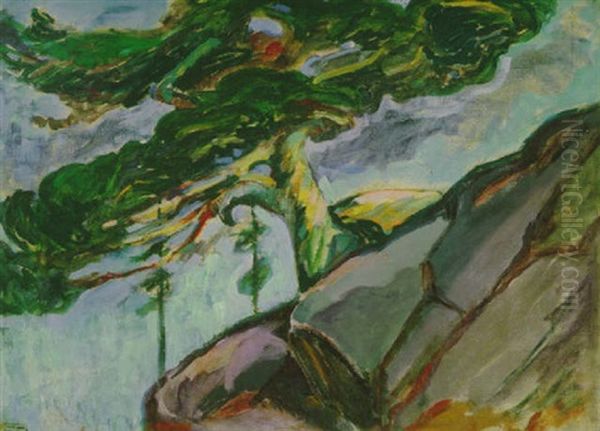 Untitled (tree On Rocky Profile) Oil Painting by Emily M. Carr