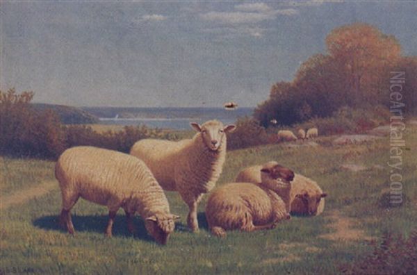 Pastoral Landscape With Flock Of Sheep, Small Flock Of Sheep In Background With Lake Oil Painting by Samuel S. Carr