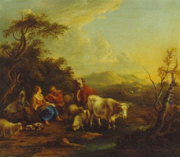 A Shepherd And Shepherdess With Castle And Sheep At A Pool Oil Painting by Michiel (Carree) Carre
