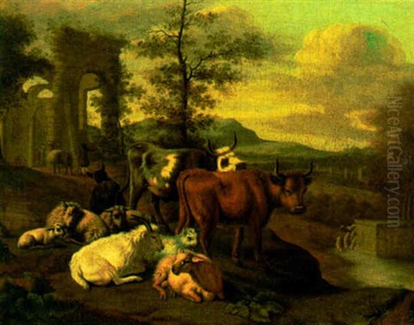 Cattle, Goats And Sheep By A Ruined Temple Oil Painting by Michiel (Carree) Carre