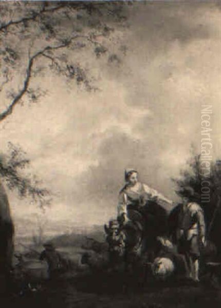 Peasant Woman On A Donkey With Shepherds In A Capriccio Landscape Oil Painting by Michiel (Carree) Carre
