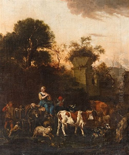 Two Southern Landscapes With Resting Shepherds Oil Painting by Michiel Carree