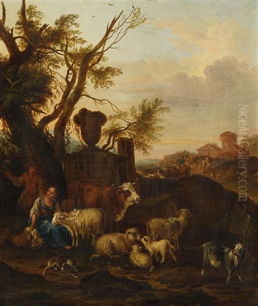 Idyllische, Weite Landschaft Mit Bauern Und Vieh Oil Painting by Michiel Carree