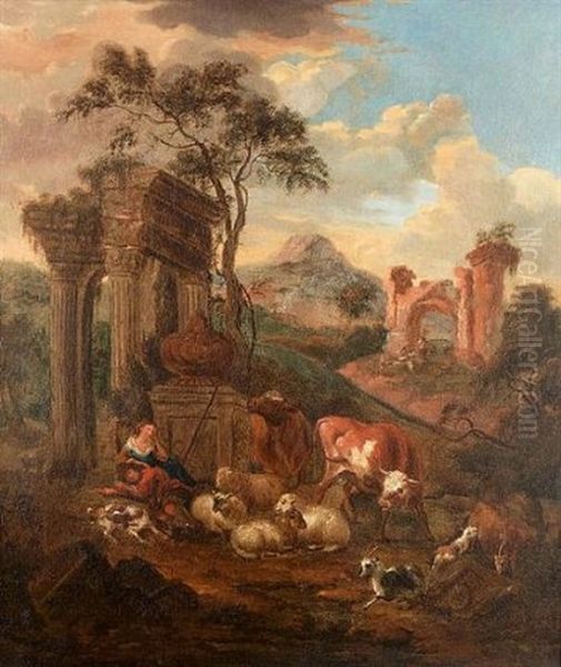A Shepherd And Shepherdess With Sheep, Goats And Cattle Resting Before Ruins Oil Painting by Michiel Carree