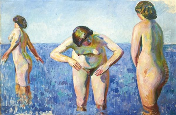 Les Trois Baigneuses Nues Oil Painting by Augustin Carrera