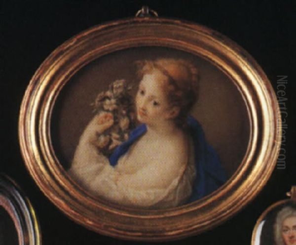 Portrait Of A Lady With Fair Hair Piled In Plaits Upom Her Head, Holding A Garland Of Flowers Oil Painting by Rosalba Carriera