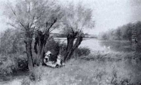 Two Young Girls By A Brook Oil Painting by James Yates Carrington