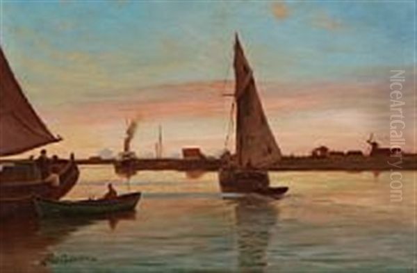 An Evening At The Shoreline Oil Painting by Andreas Christian Riis Carstensen