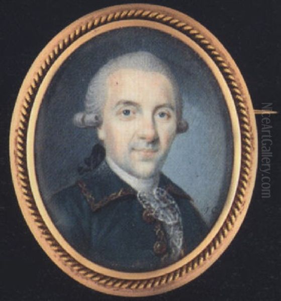 A Gentleman, Wearing Gold Figured Green Coat And White Lace Cravat, His Powdered Hair En Queue Oil Painting by Jean-Baptiste Francois Carteaux