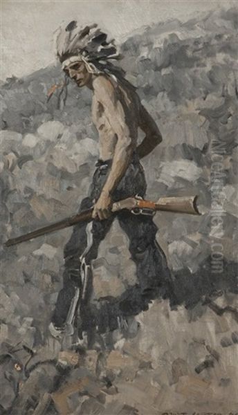 Indian Brave With A Rifle Oil Painting by Pruett Carter