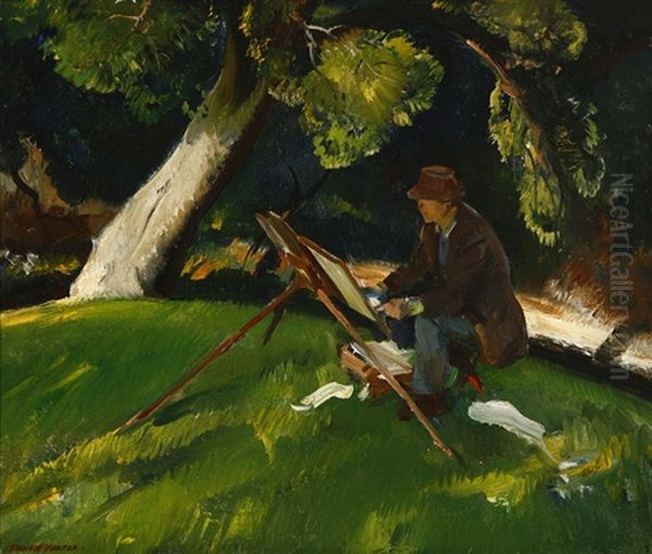 Artist At His Easel In A Wooded Landscape (sketch) Oil Painting by Pruett Carter