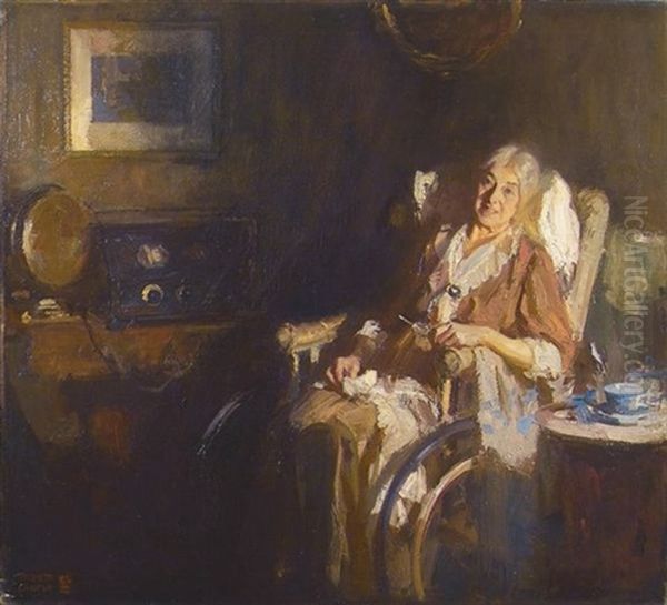 Older Woman Listening To The Radio (illus. For Rca-radiola) Oil Painting by Pruett Carter