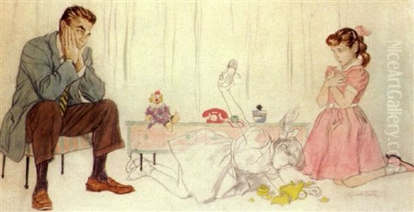 Father And The Quiz (from Mccall's) Oil Painting by Pruett Carter