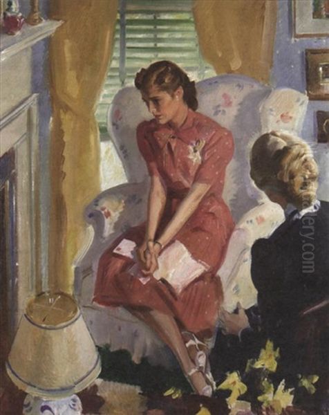 Seated Young Woman Upset By Letter, Older Lady Looking On Oil Painting by Pruett Carter