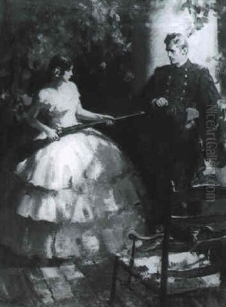 Woman Pointing Rifle At A Union Soldier Oil Painting by Pruett Carter