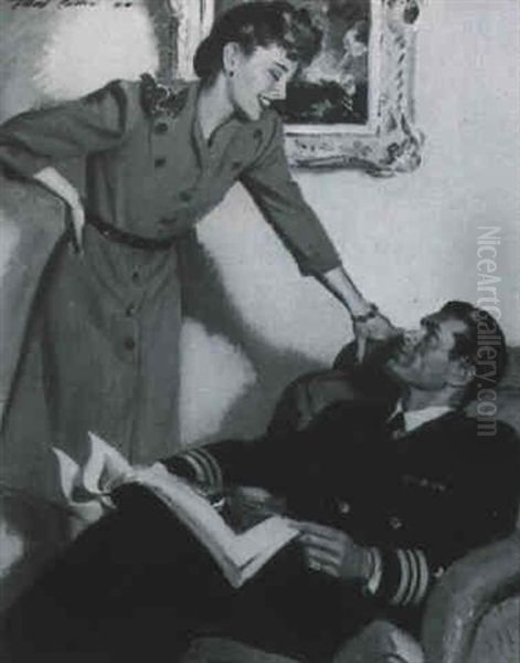 Standing Woman Speaking To Seated Military Man Oil Painting by Pruett Carter