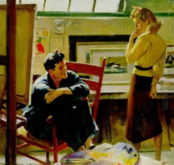 Woman Visiting Artist In Studio: Wife By The Day Oil Painting by Pruett Carter