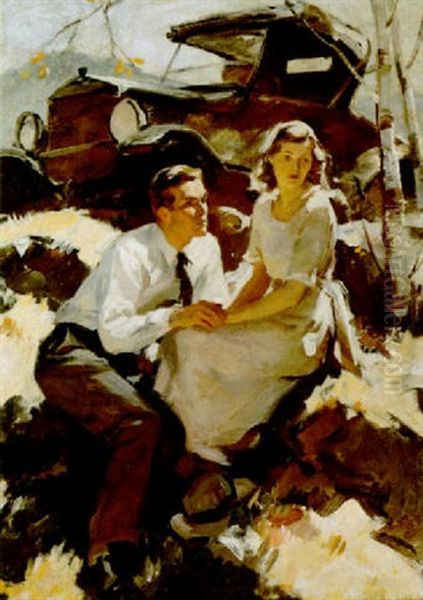 Couple Seated On Hillside By Car Oil Painting by Pruett Carter