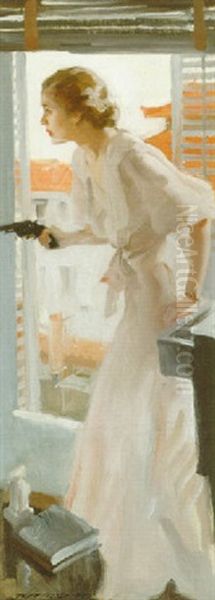 Woman With Gun By Window: Put Up Your Hands! She Cried. Then She Saw His Face, 'you! The Man I Danced With!' Oil Painting by Pruett Carter