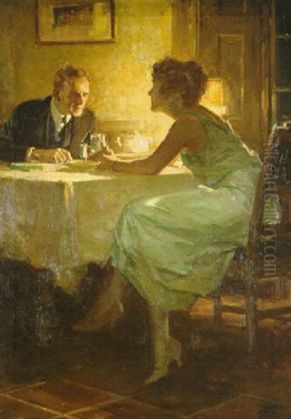 Couple At Dinner Table: Matched Witts Oil Painting by Pruett Carter