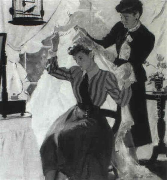 Story Illustration: Trying On A Bridal Veil Oil Painting by Pruett Carter