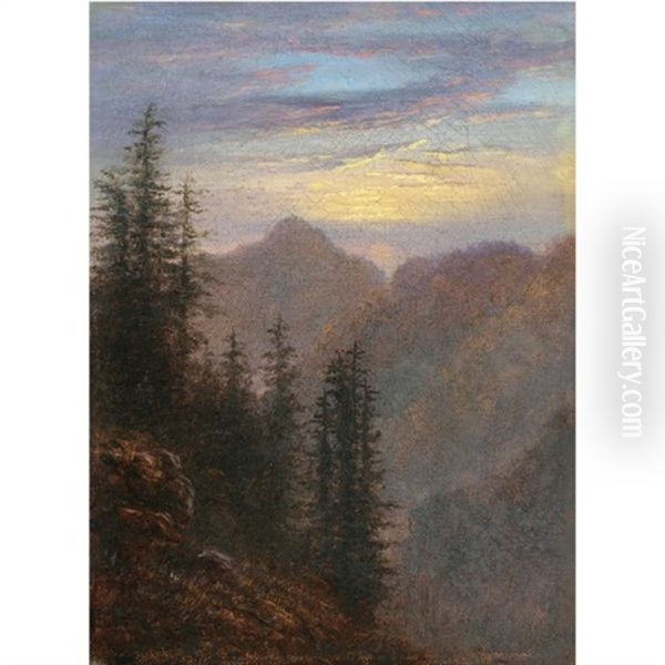 Abendliche Mittelgebirgslandschaft-mountain Landscape At Dusk Oil Painting by Carl Gustav Carus