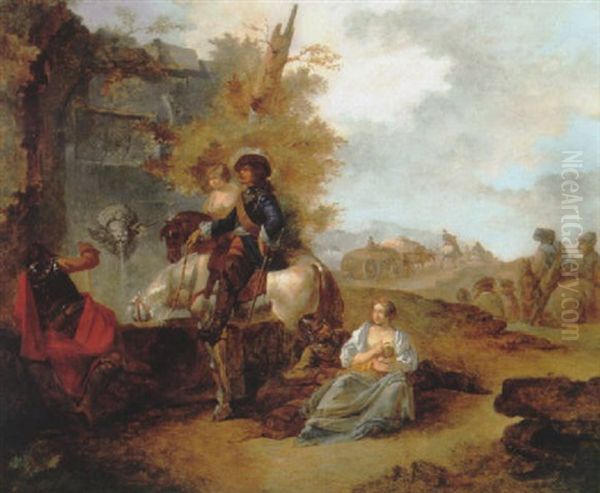 A Cavalier Watering His Horse At A Fountain, A Cavalry Column Beyond Oil Painting by Francesco Giuseppe Casanova