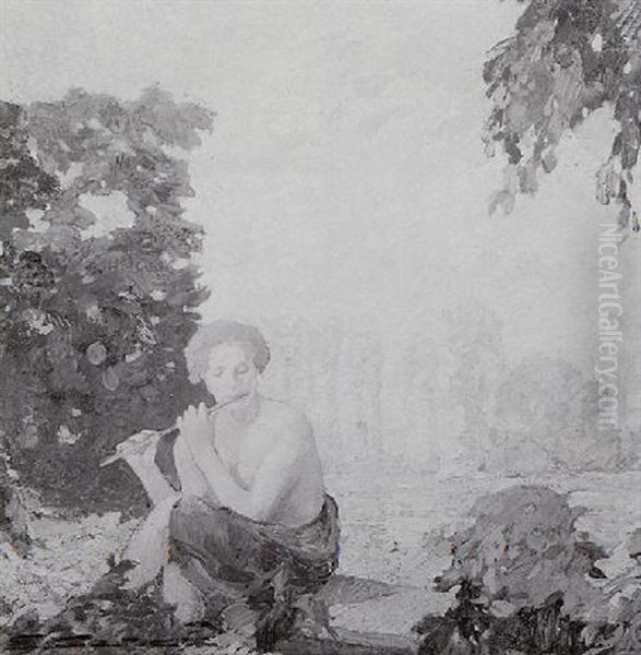 Satyr With Flute At Water's Edge Oil Painting by Ettore Caser