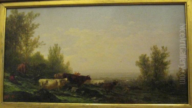 Landscape With Cows Oil Painting by John William Casilear