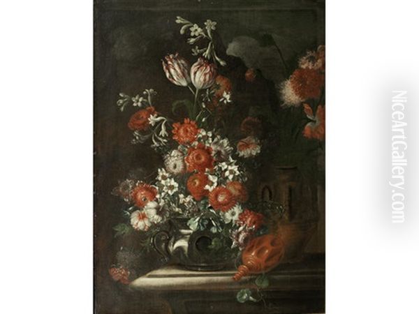 Tulips, Narcissi, Carnations And Other Flowers In A Pewter Vase On A Stone Ledge Oil Painting by Nicola Casissa