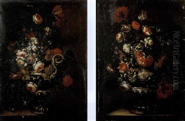 Garofani, Tulipani, Rose E Altri Fiori In Un Vaso Di Metallo Su Un Piano Di Pietra (+ Rose, Garofani, Campanule E Altri Fiori In Un Vaso Di Metallo Su Un Piano Di Pietra; 2 Works) Oil Painting by Nicola Casissa