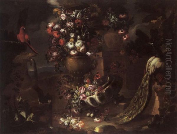Carnations, Roses, Poppies And Other Flowers In Urns, A Parrot By A Fountain, A Peacock, A Thistle And Vine In A Garden Landscape Oil Painting by Nicola Casissa