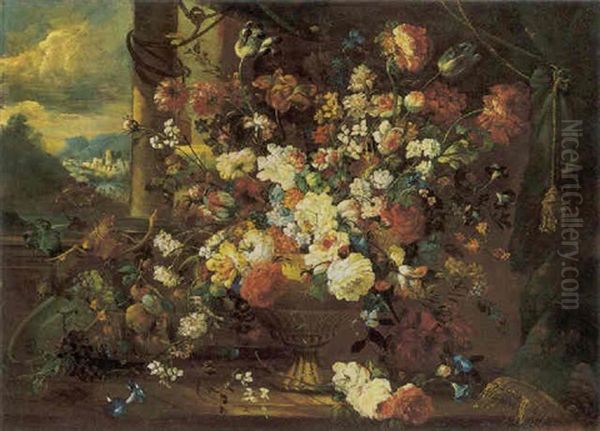 Natura Morta Con Vaso Di Fiori E Cesto Di Frutta Oil Painting by Nicola Casissa