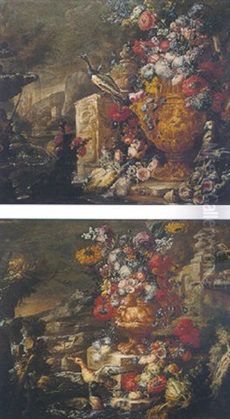 An Ornamental Garden With A Still Life Of Various Flowers In An Ormolu Vase, A Peacock And Macaw Near Some Figs Oil Painting by Nicola Casissa