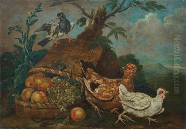 Birds And An Upturned Basket Of Fruit In A Landscape Oil Painting by Giovanni Agostino Cassana