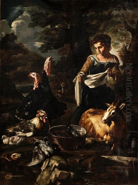 A Washerwoman Surrounded By Poultry, Guinea Pigs And A Goat Oil Painting by Giovanni Agostino Cassana