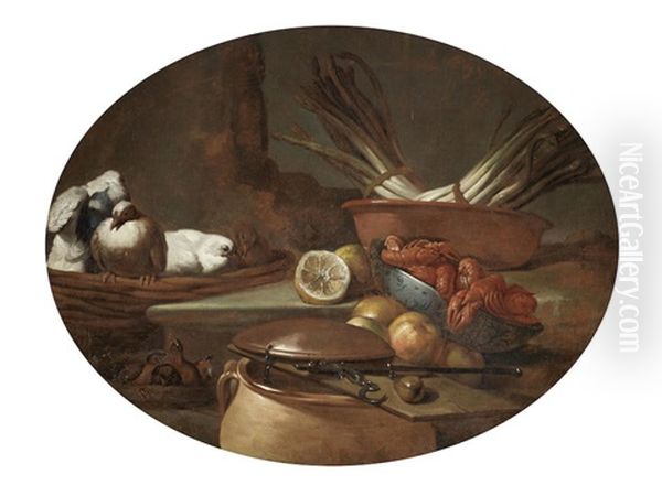 Doves, Crayfish, A Bowl Of Asparagus And A Copper Pot With Various Fruits Oil Painting by Giovanni Agostino Cassana