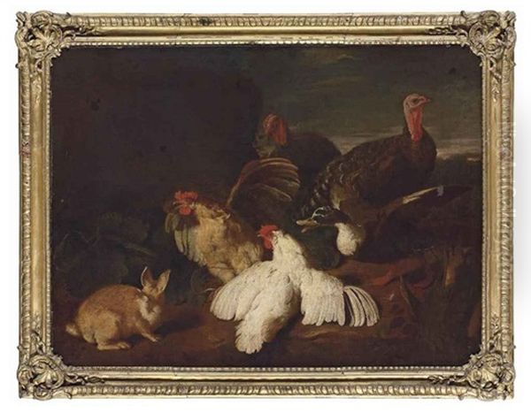 Hens, Turkeys, A Duck And A Rabbit, In A Park Landscape Oil Painting by Giovanni Agostino Cassana