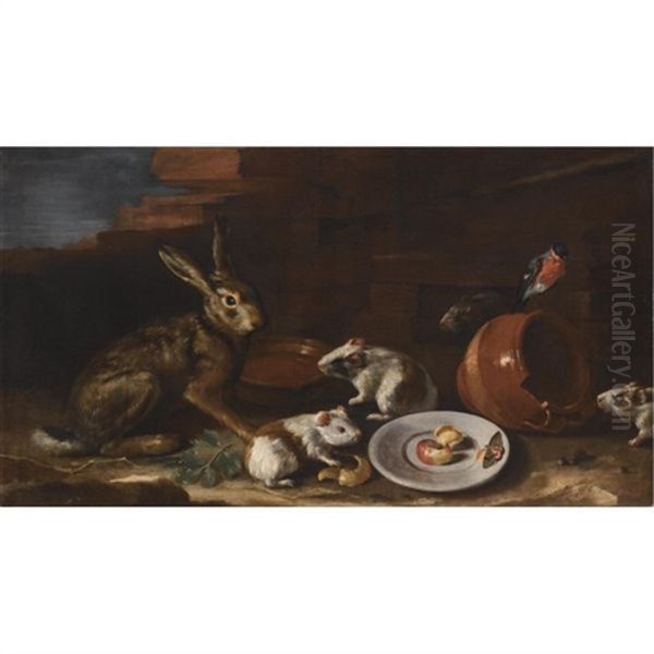 A Farmyard Scene With A Still Life Of A Rabbit, Guinea Pigs, Apple-peel And A Butterfly On A Plate, Together With A Terracotta Jug And Bowl Oil Painting by Giovanni Agostino Cassana