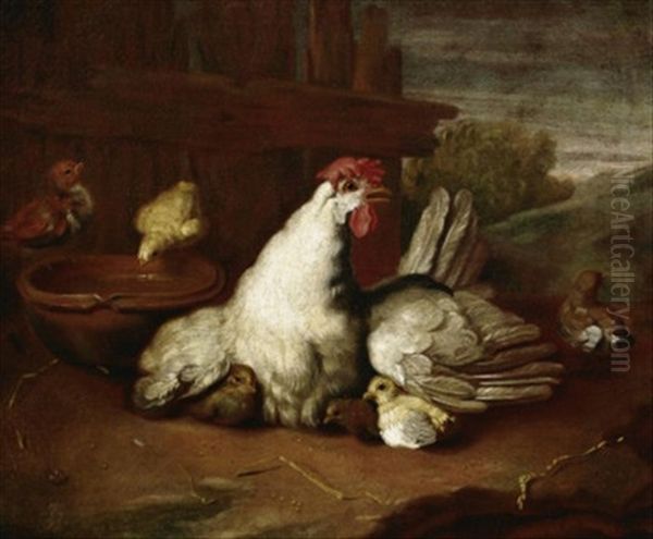 Henne Mit Kuken Vor Einem Gatter Oil Painting by Giovanni Agostino Cassana