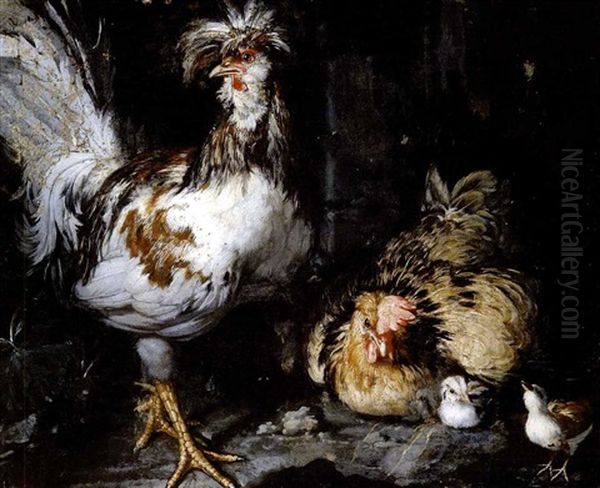 Un Gallo E Due Galline (+ Un Gallo, Una Gallina E Due Pulcini; Pair) Oil Painting by Giovanni Agostino Cassana