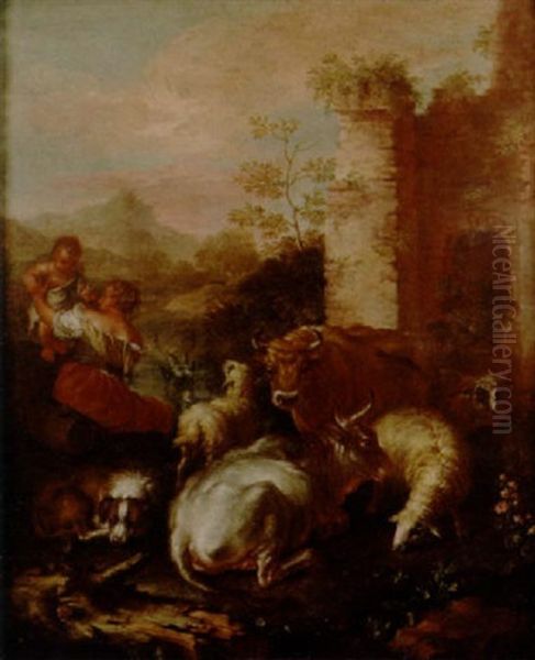 A Shepherdess, Her Child And A Dog Tending Cattle, Sheep, A Goat And A Ram By Ruins In An Italianate Landscape Oil Painting by Giovanni Agostino Cassana