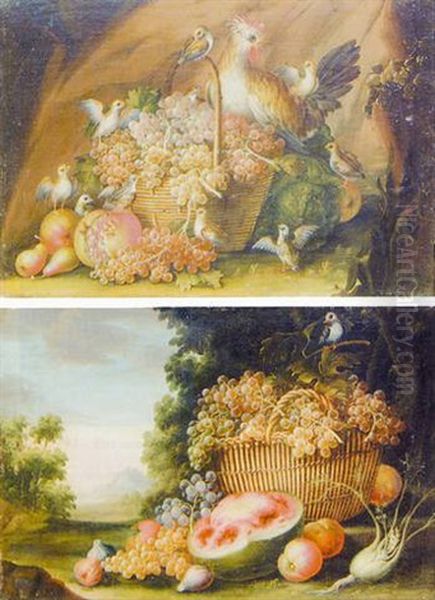 Nature Morte Aux Raisins Avec Poules Et Poussins Oil Painting by Giovanni Agostino Cassana