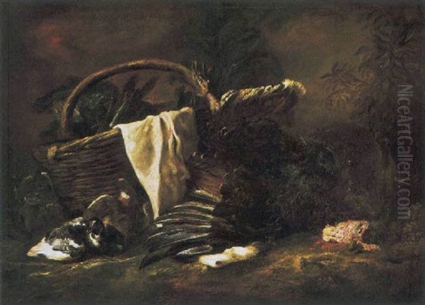 Natura Morta Con Tacchino, Piccioni, Gatto Ed Un Grande Cesto Oil Painting by Giovanni Agostino Cassana