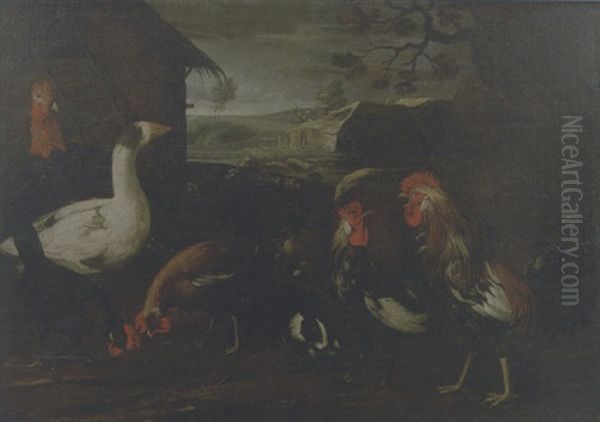 Un Tacchino, Un'oca, Due Galline, Due Conigli E Due Galli In Un Cortile, Con Un Casolare Sullo Sfondo Oil Painting by Giovanni Agostino Cassana