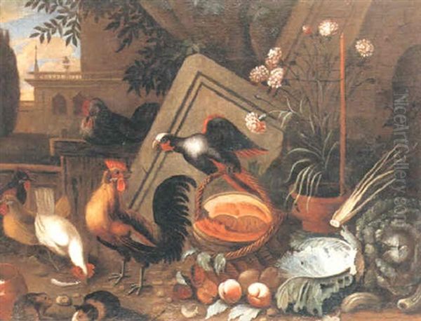 Stilleben Med Faglar, Frukt Och Blommor Oil Painting by Giovanni Agostino Cassana