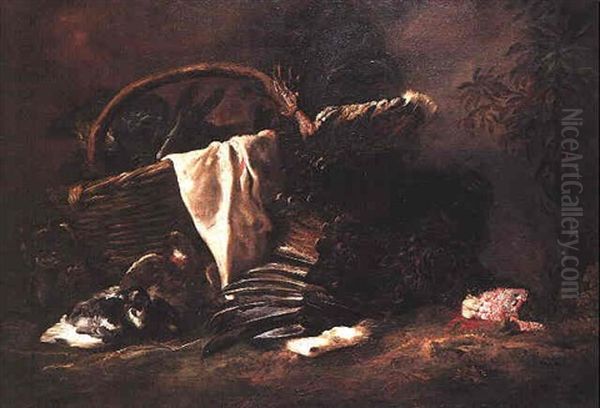 A Trussed Turkey And A Wicker Basket Laden With Asparagus, Artichokes And A Draped White Cloth In A Landscape With A Cat Stalking A Pair Of Pigeons Oil Painting by Giovanni Agostino Cassana