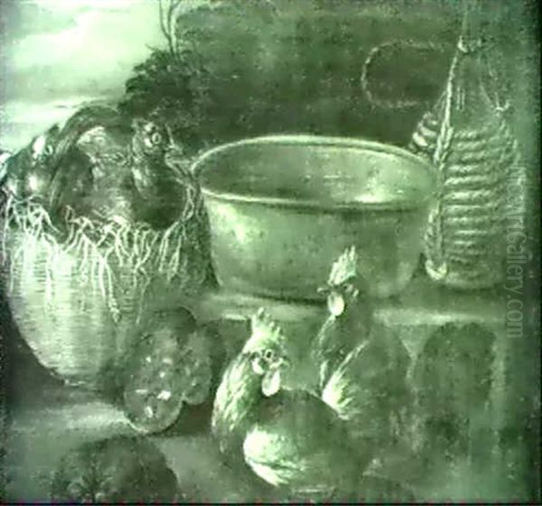 Natura Morta Con Bacile In Rame, Fiasco Impagliato E Pollame Oil Painting by Giovanni Agostino Cassana