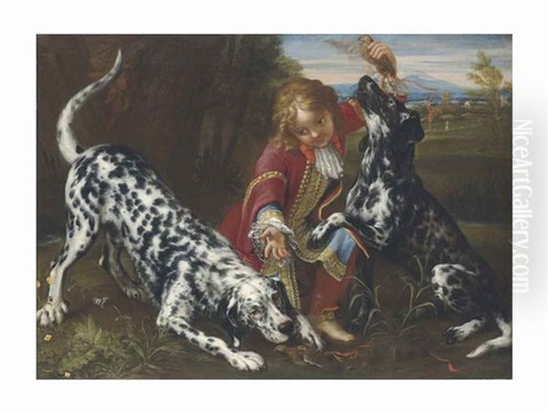 A Young Boy In Livery With Two English Setters In A Landscape Oil Painting by Niccolo Cassana