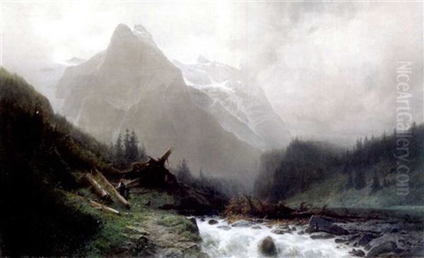 Le Welhorn Et Le Wetterhorn A Rosenlaui Oil Painting by Gustave Eugene Castan